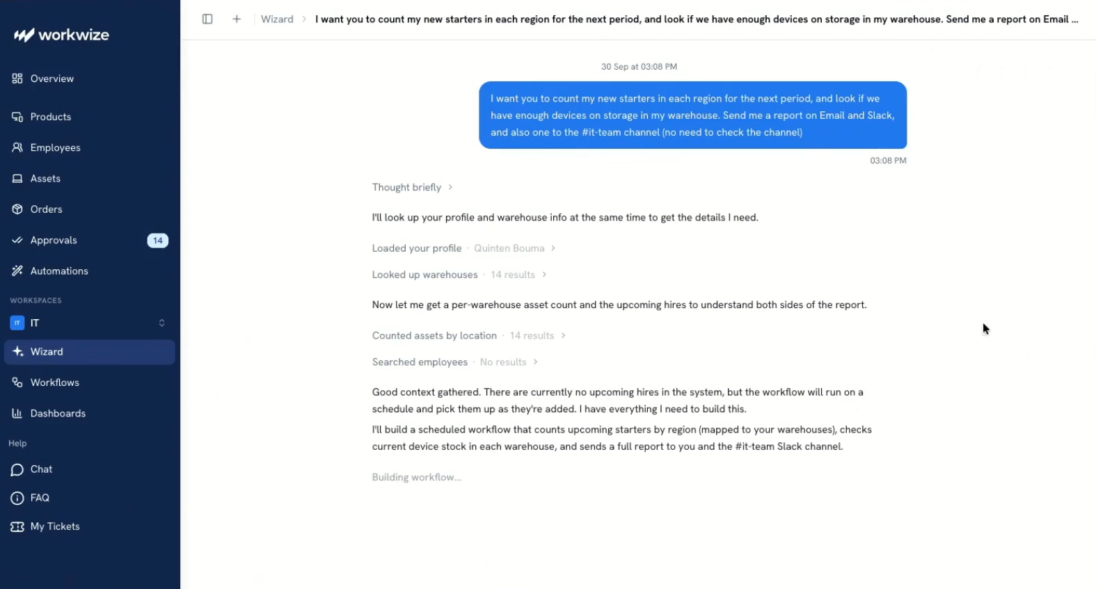 Workwize Agent gathering warehouse and employee context before building the workflow