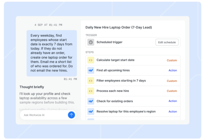 A daily new hire laptop order workflow built by Workwize Agent