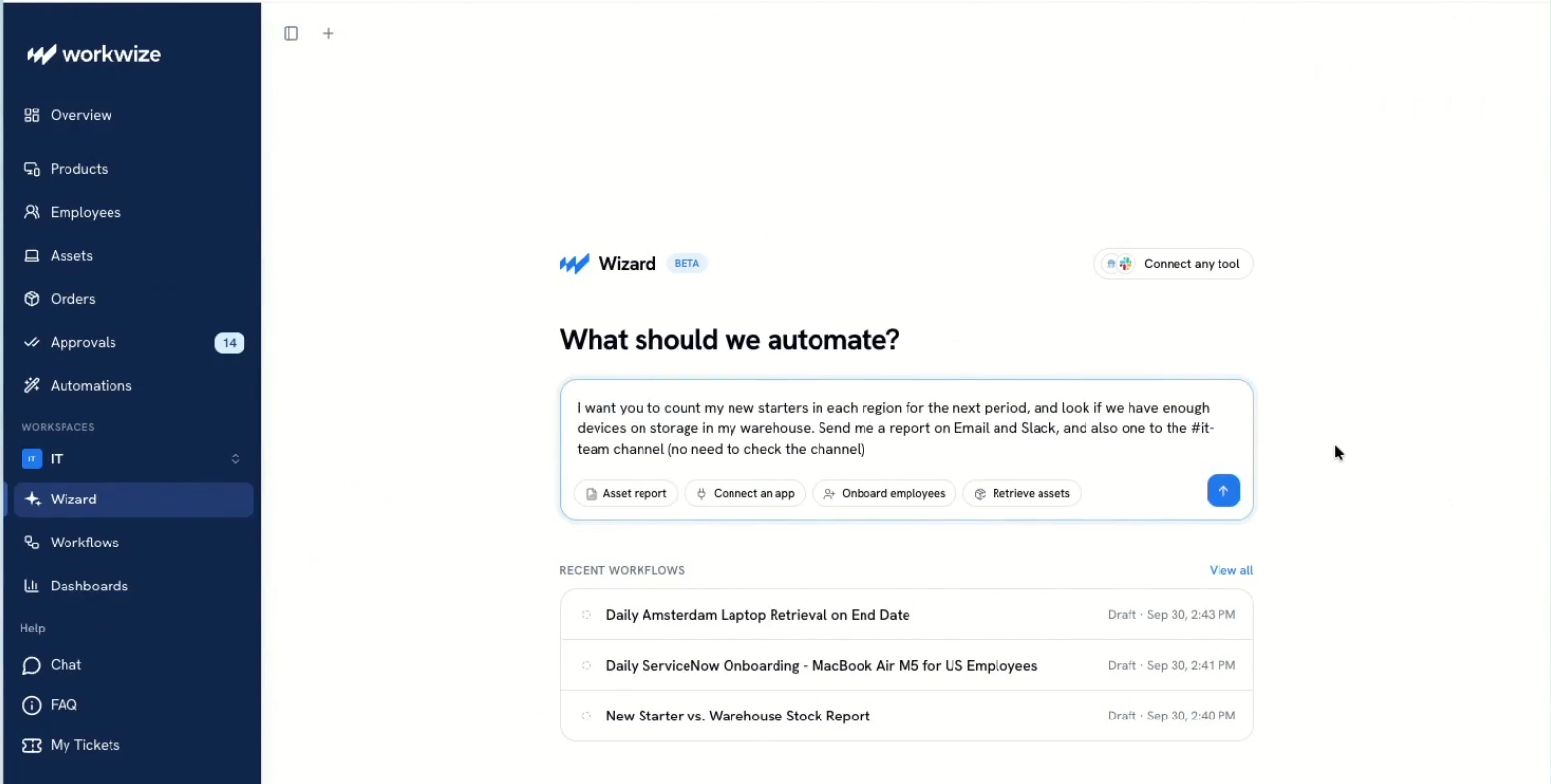 Asking Workwize Agent to compare upcoming hires with warehouse stock