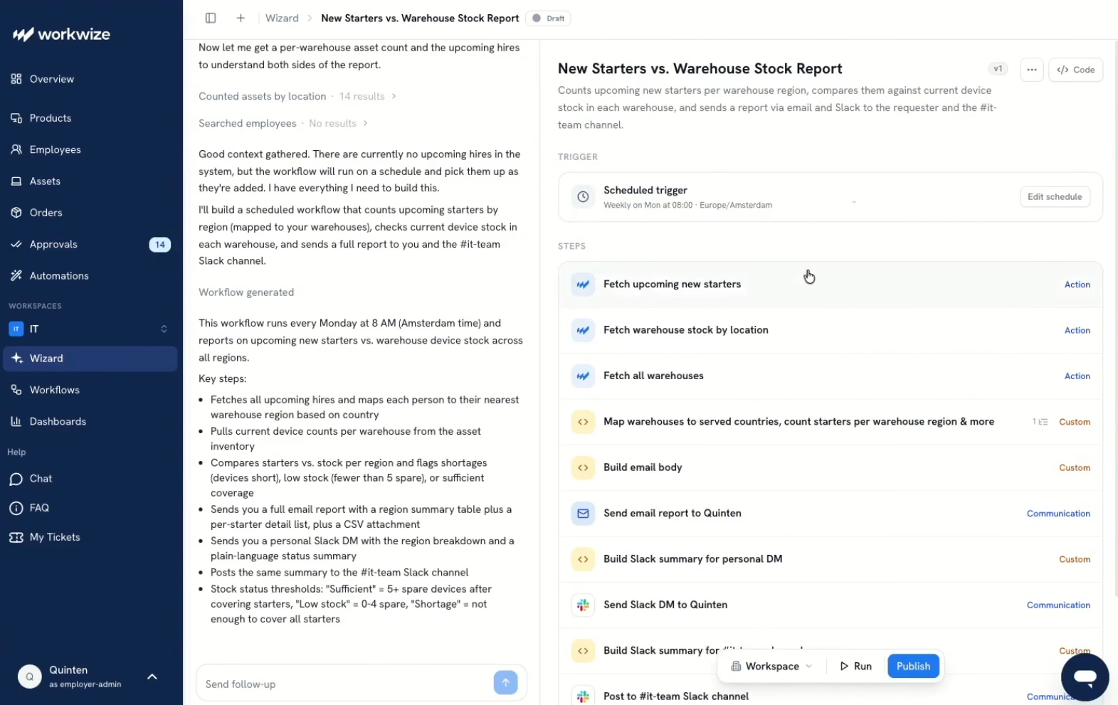 The generated New Starters vs. Warehouse Stock Report workflow in Workwize