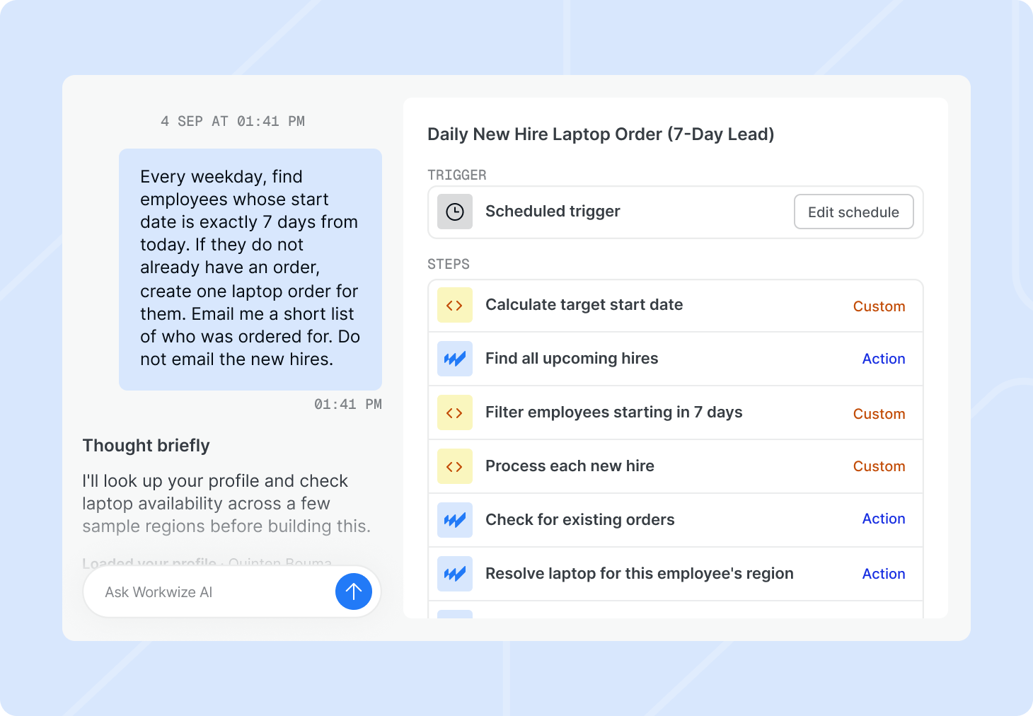 A new hire laptop order workflow built by Workwize Agent