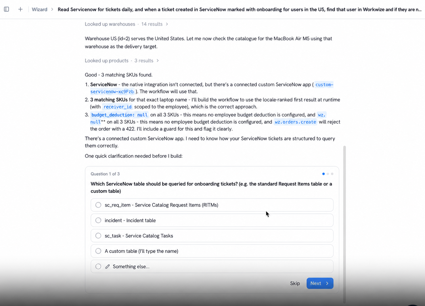 Workwize Agent asking which ServiceNow table holds the onboarding tickets