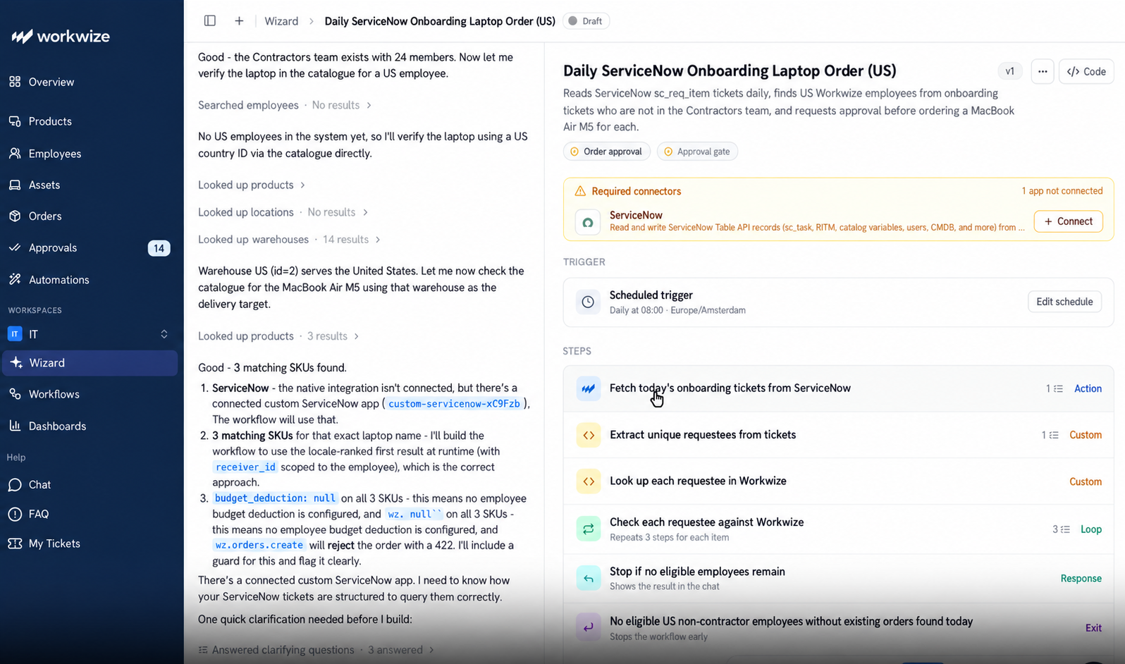The generated ServiceNow onboarding laptop order workflow in Workwize
