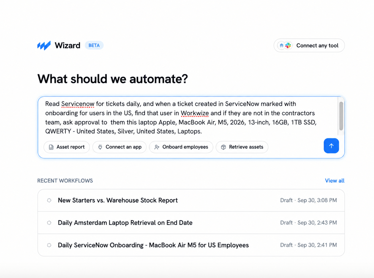 A plain English prompt in Workwize Agent asking it to build a ServiceNow onboarding workflow