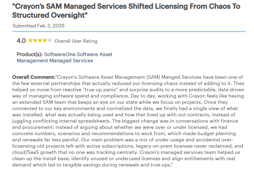 https://www.gartner.com/reviews/market/software-asset-management-managed-services/vendor/softwareone/product/softwareone-software-asset-management-managed-services/review/view/6625232