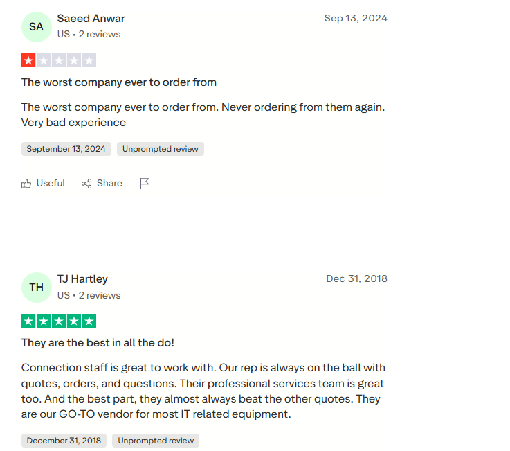 SHI international alternatives - a screenshot of Connection customer reviews
