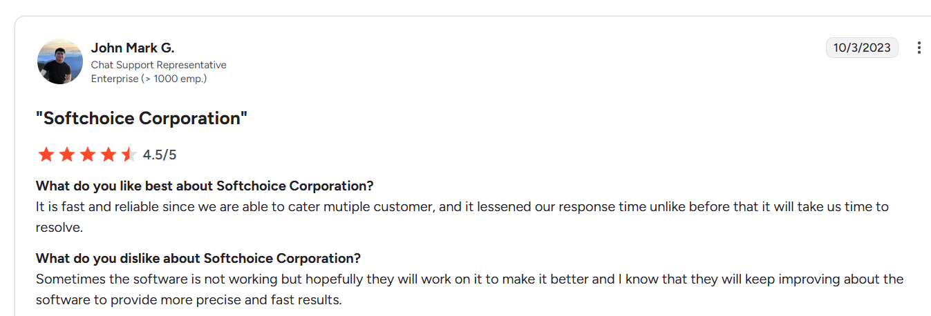 SHI international alternatives - a screenshot of Softchoice customer reviews