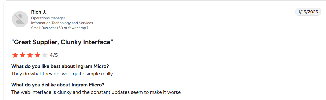 SHI international alternatives - a screenshot of Ingram Micro customer reviews