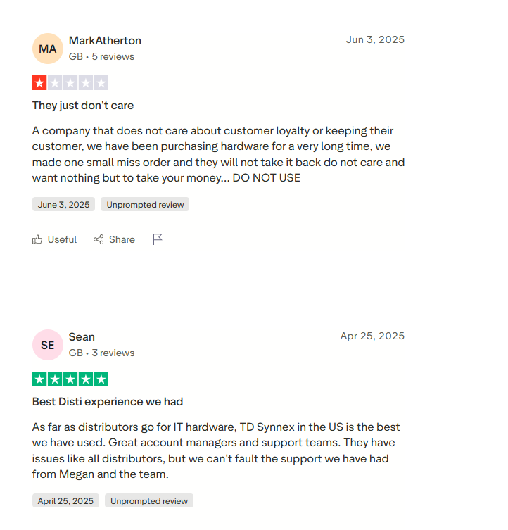 SHI international alternatives - a screenshot of TY SYNNEX Trustpilot customer reviews